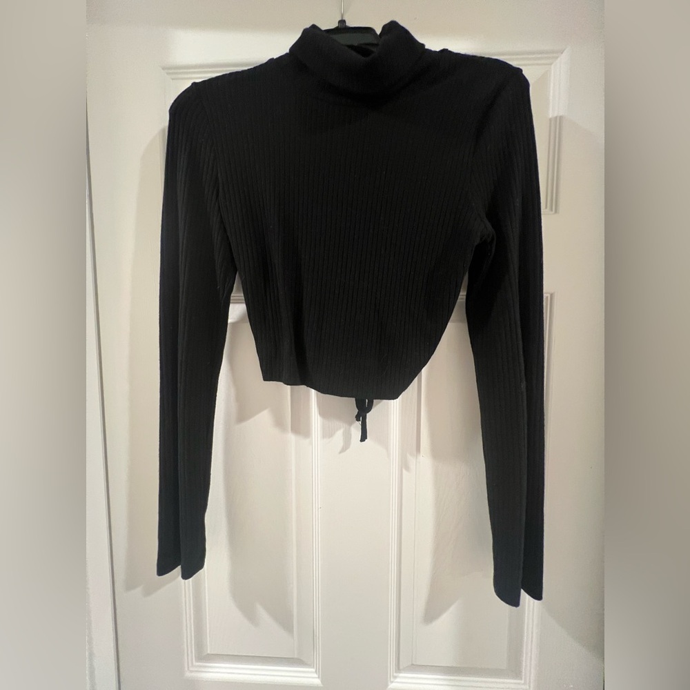 Final Touch Black Ribbed Open Back Turtleneck Crop Top